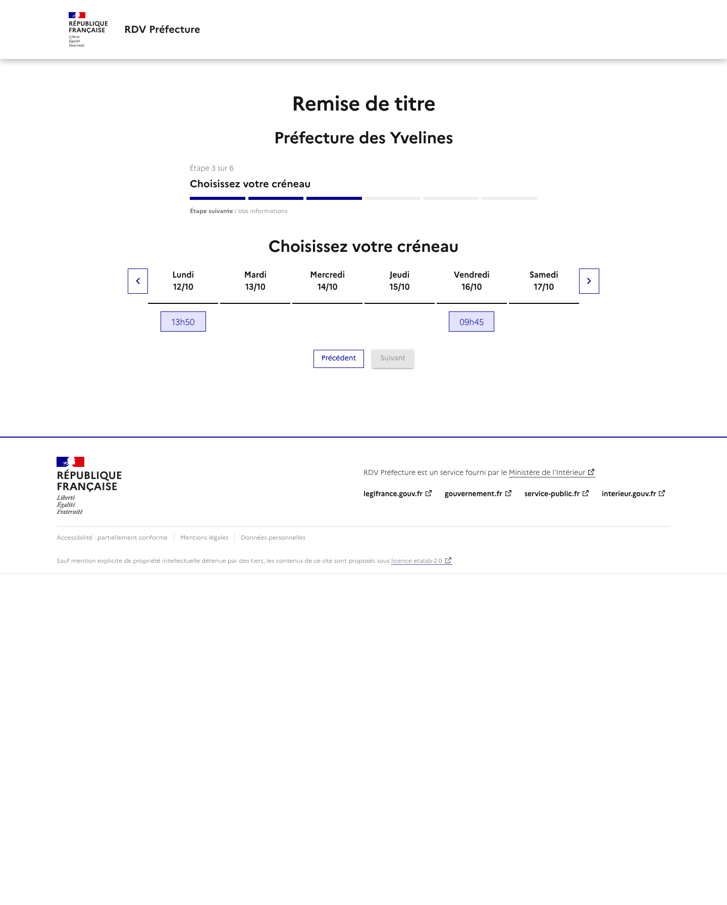 Créneau disponible Prise de rendez-vous - Remise de titres préfecture de Versailles
