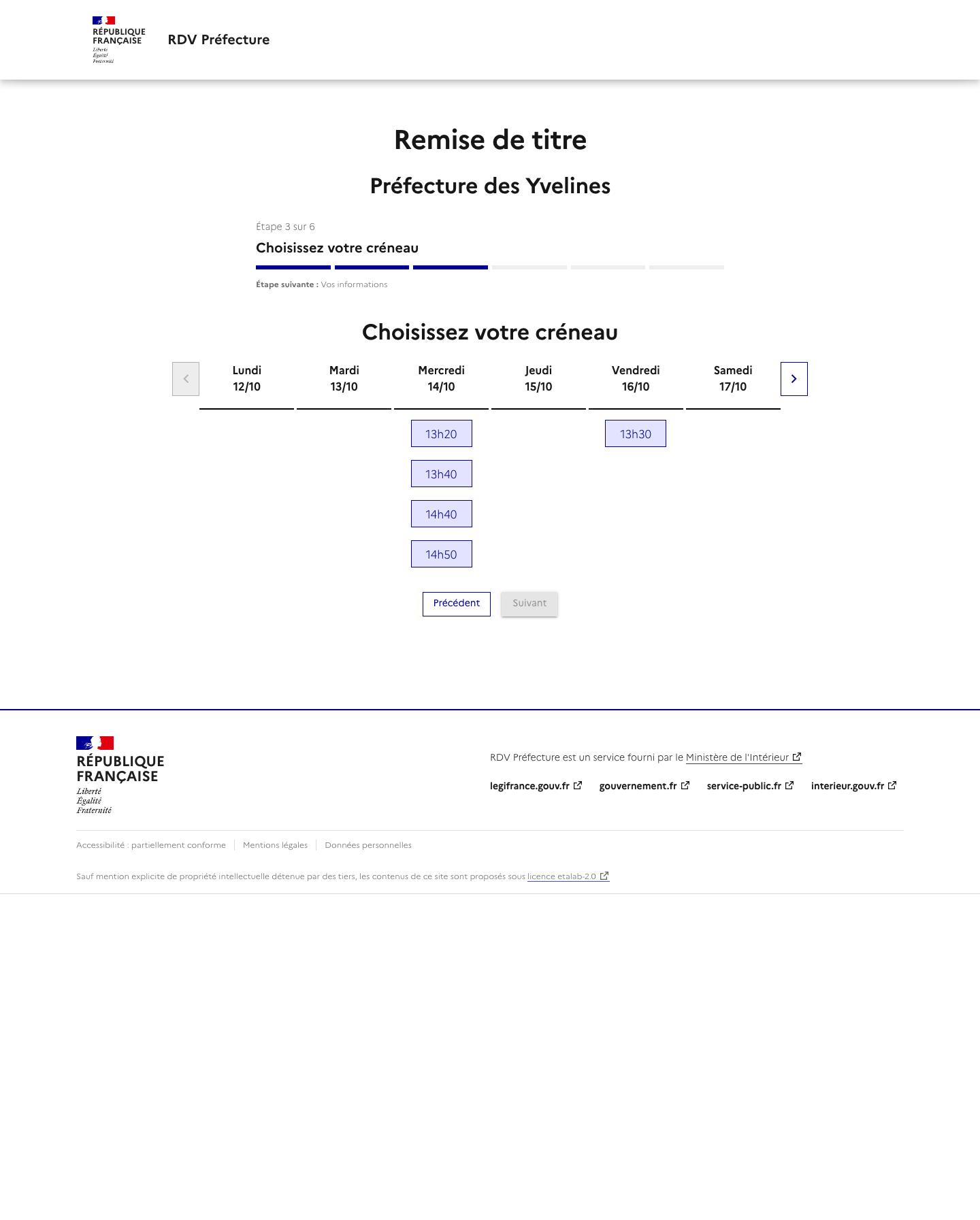 Créneau disponible Prise de rendez-vous - Remise de titres préfecture de Versailles