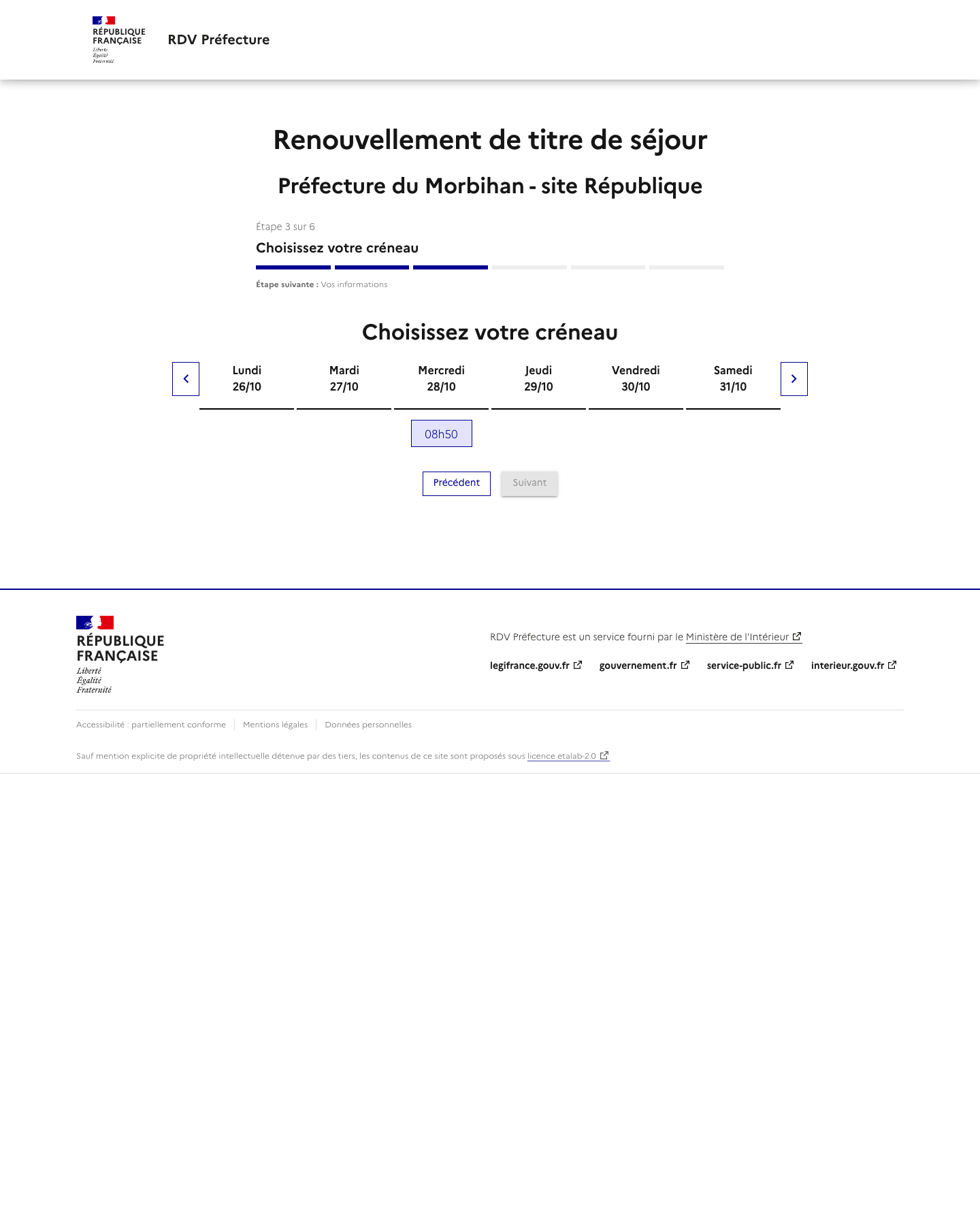 Capture d'écran RDV disponible Renouvellement de titre de séjour - site République 21/10/2026 20:21