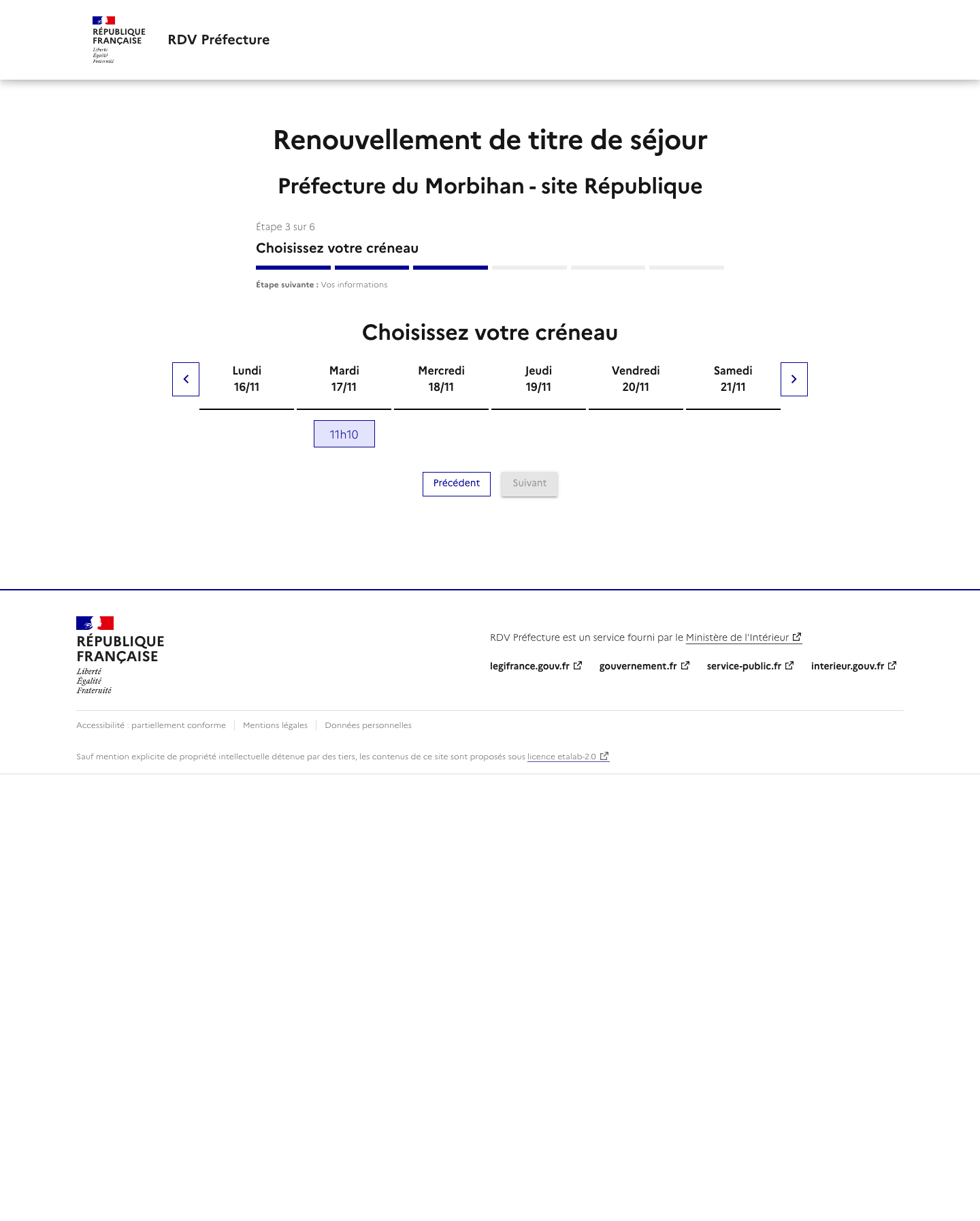 Créneau disponible Renouvellement de titre de séjour - site République préfecture de Morbihan