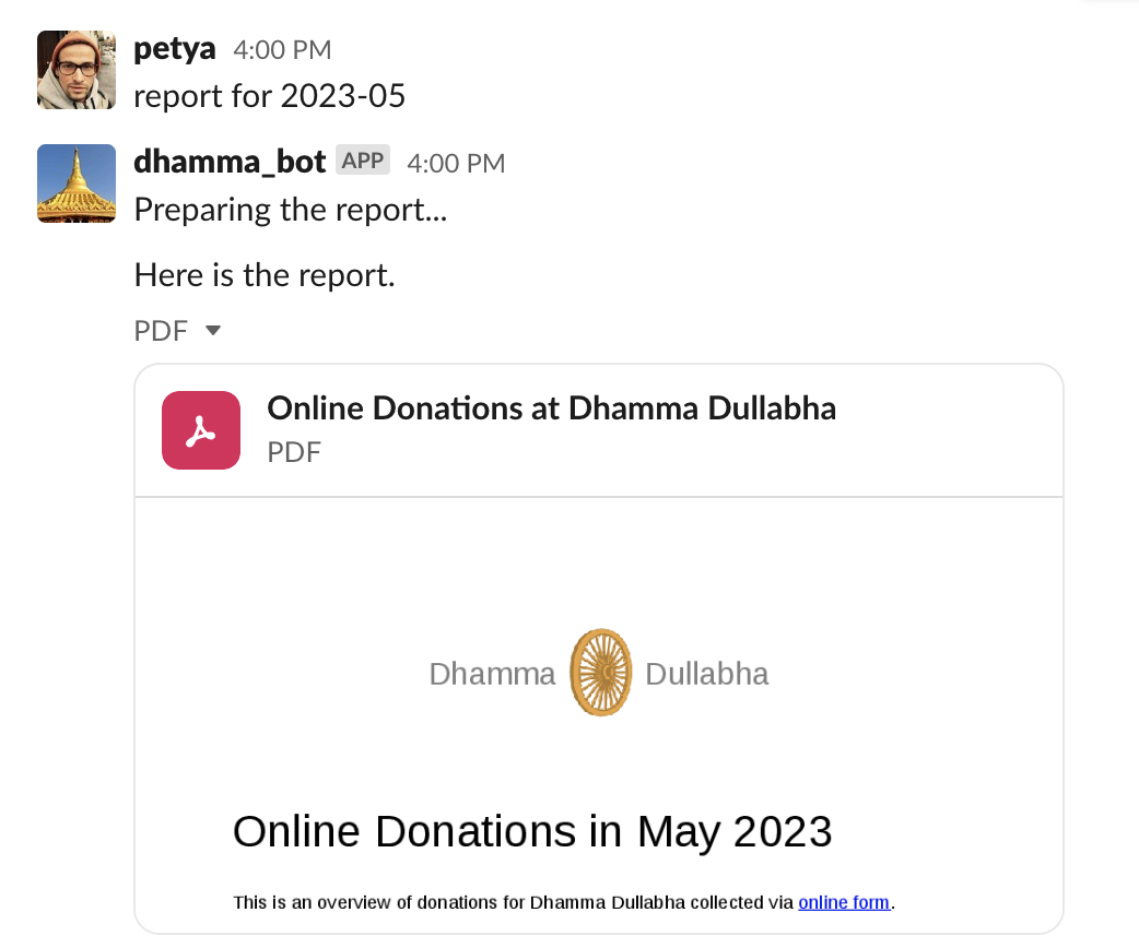 Screenshot of Slack conversation: Generating PDF Report