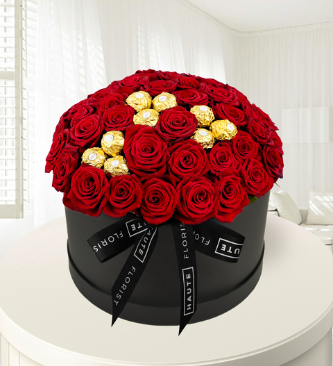 Ferrero Rose Hat Box - Red Roses - Luxury Roses - Luxury Red Roses - Flowers in a Hat Box - Luxury Flowers – Luxury Valentine’s Flowers