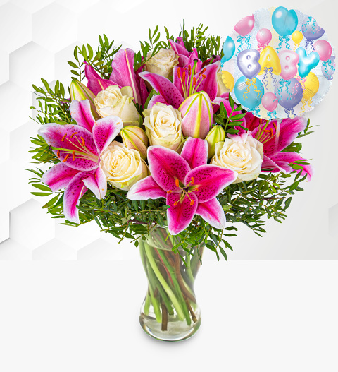 Pink Lilies & Roses with New Baby Balloon image