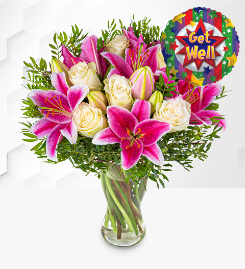 Pink Lilies & Roses with Get Well Balloon image