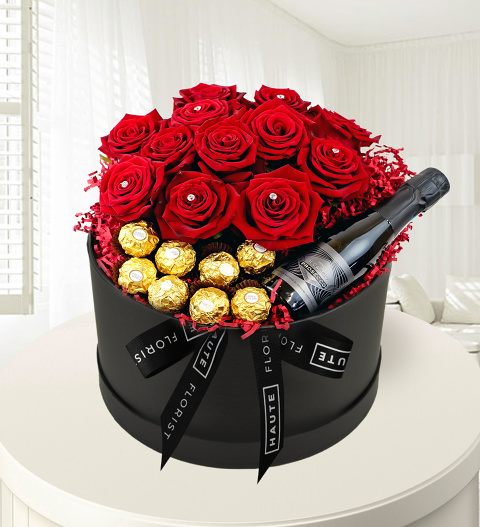 Image of Grand Roses and Prosecco - Luxury Red Roses - Roses in a Hat Box - Luxury Valentine's Flowers - Luxury Flower Delivery