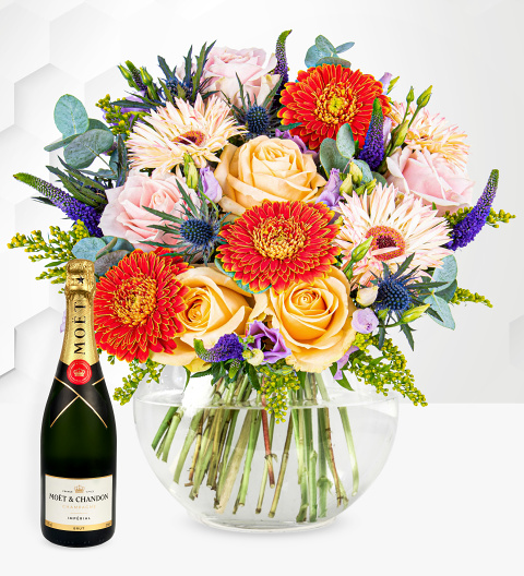flowers - Belgravia & Moet, £145.99 - This bouquet speaks of beauty and elegance, beautifully arranged by our Artisan Florists using the finest stems of British lisianthus, peach avalanche and sweet avalanche roses the surround by English lavender, Veronica, Solidago, Sing Sing Germini and Donny Germini it is truly a bouquet of stunning proportions.