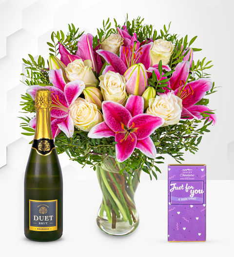 Pink Lilies & Roses with Fizz & Choc Bar image