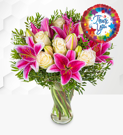 Pink Lilies & Roses with Thank You Balloon image