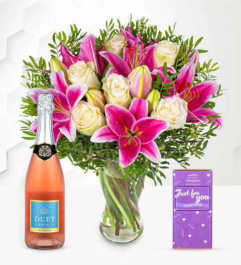 Pink Lilies & Roses with Fizz & Choc Bar image
