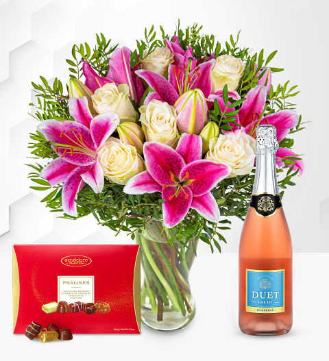 Pink Lilies & Roses with Fizz & Chocolates image