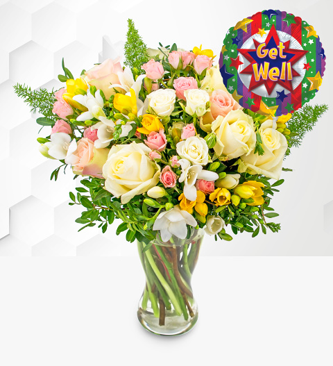 Rose and Freesia with Get Well Balloon image