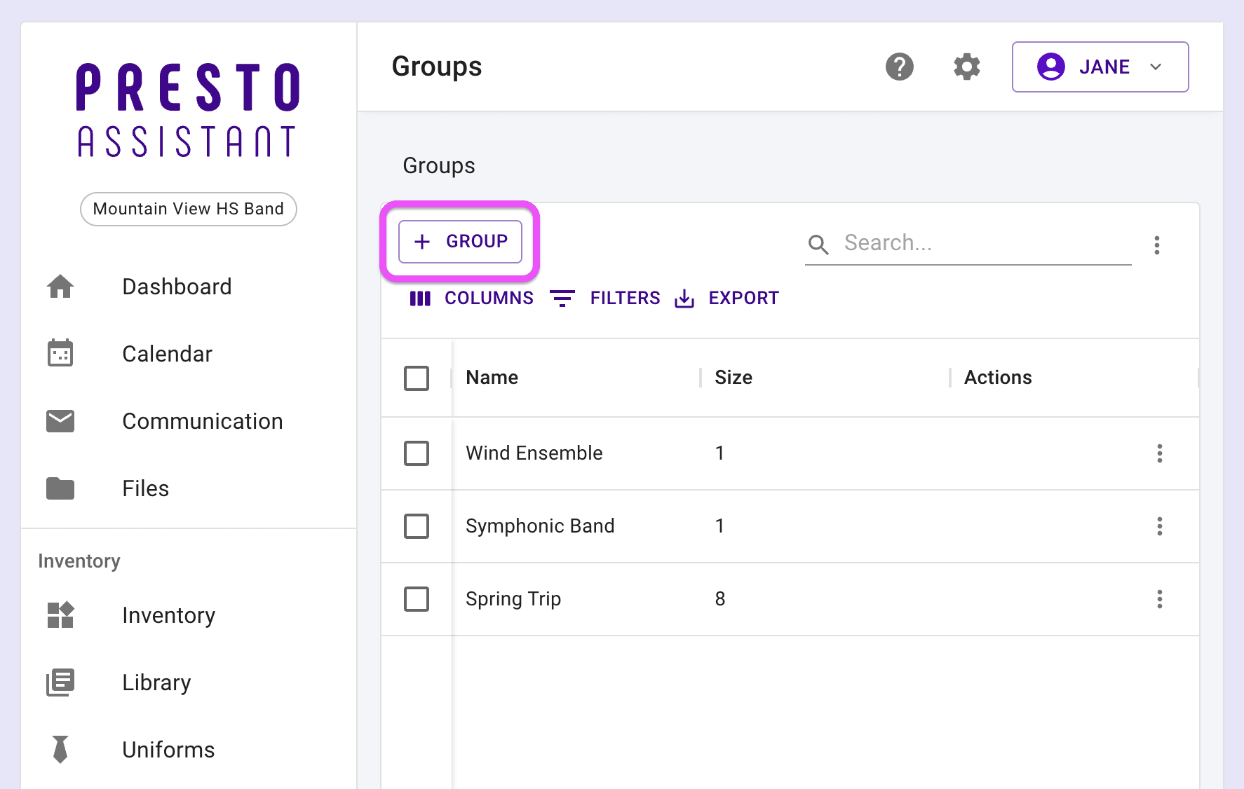 Groups table with arrow pointing to the Add button.