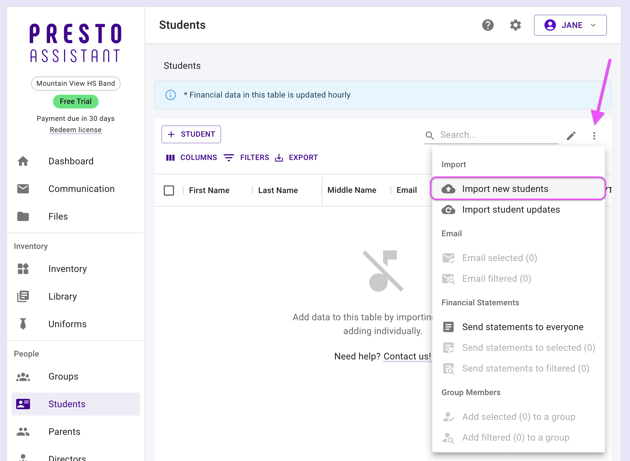 Students table highlighting the more actions icon button and menu.