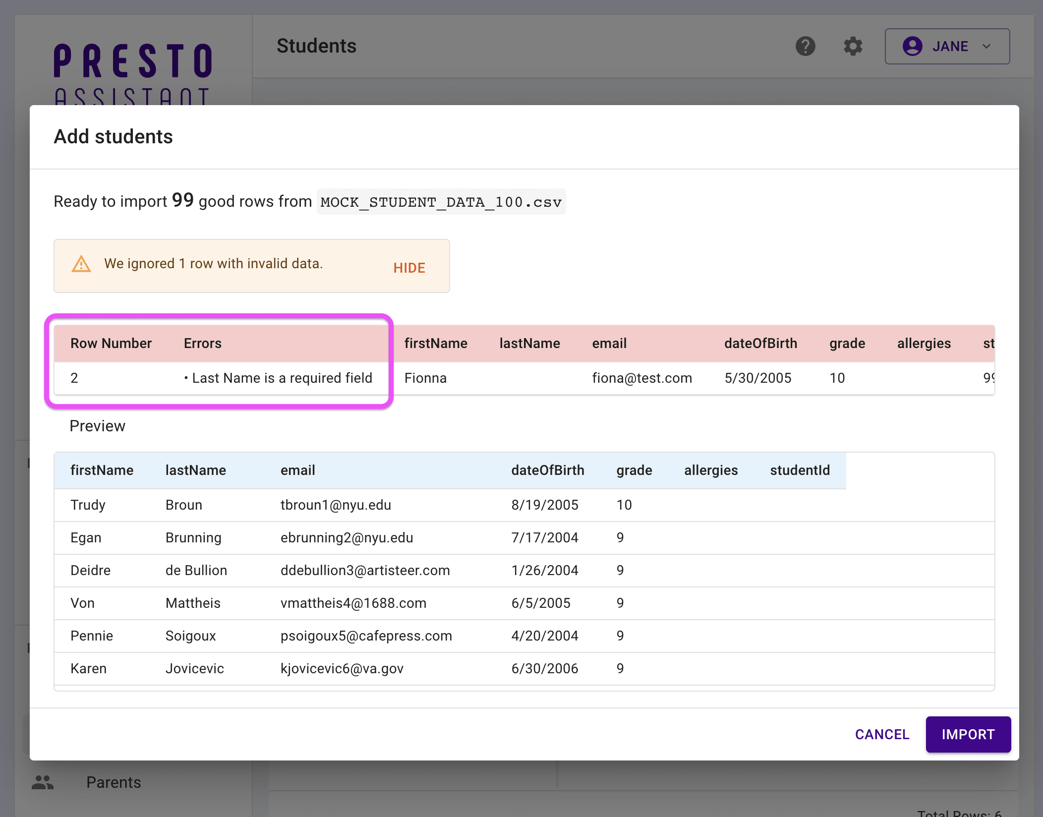 A preview of good rows is shown as well as invalid data.