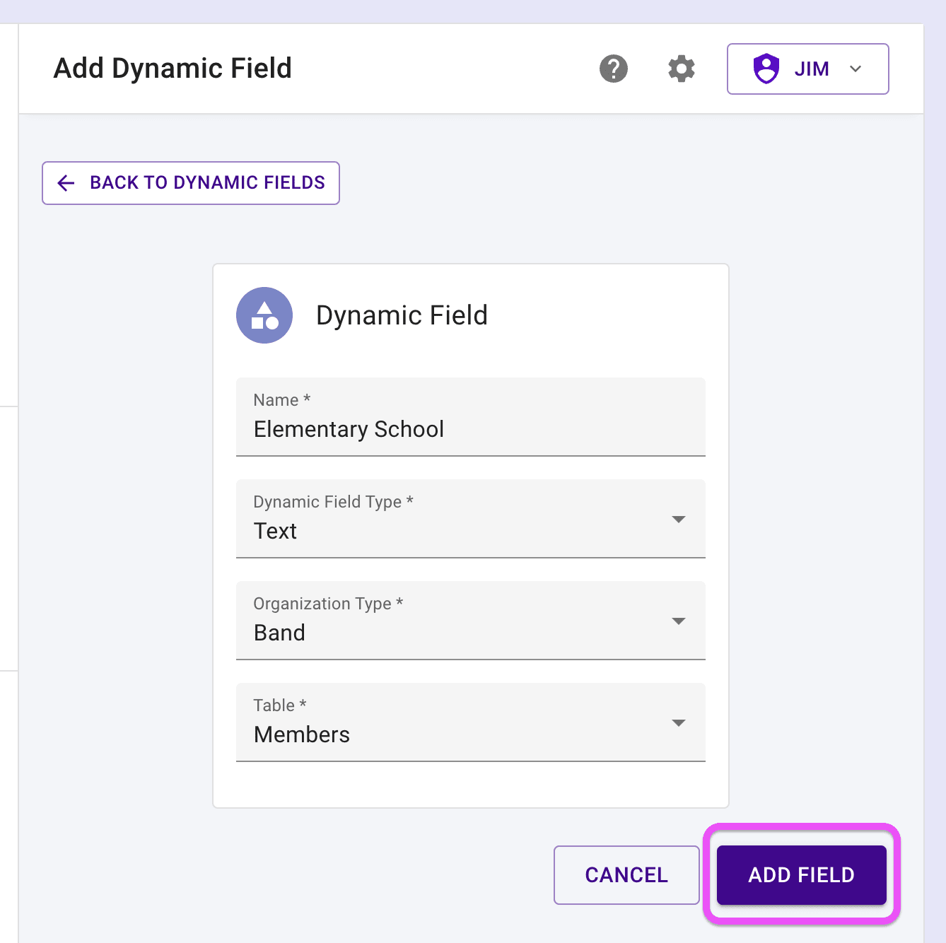 Add Dynamic Field form with add button highlighted.