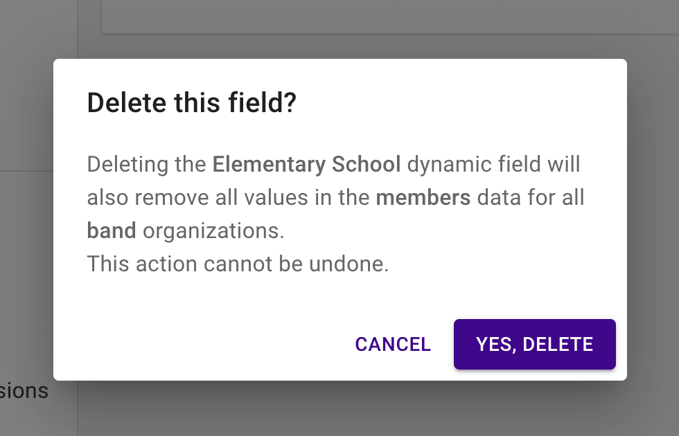 Dynamic Fields delete confirmation dialog content.