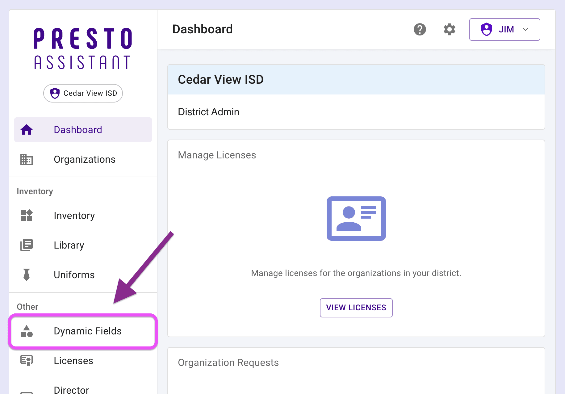 Dashboard with arrow pointing at Dynamic Fields item in left navigation menu.