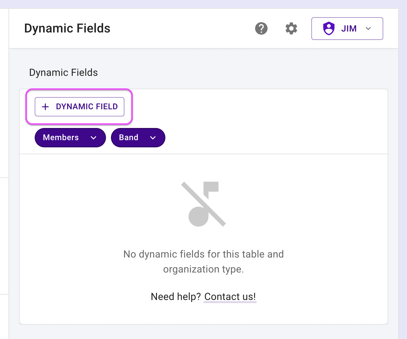 Dynamic Fields table with the add button highlighted.