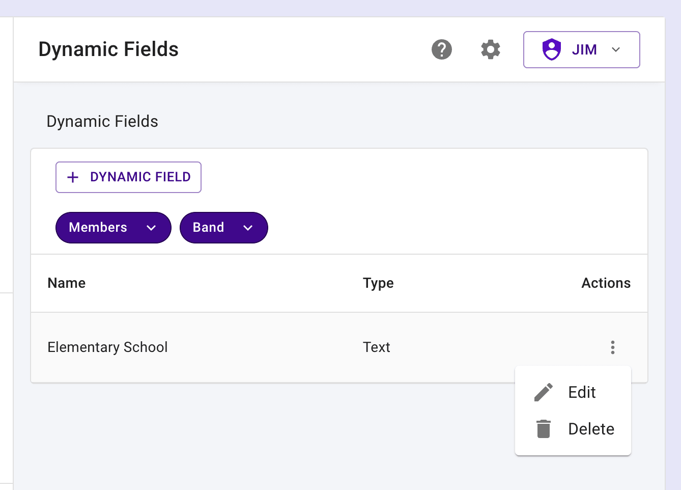 Dynamic Fields table with the more actions menu open.