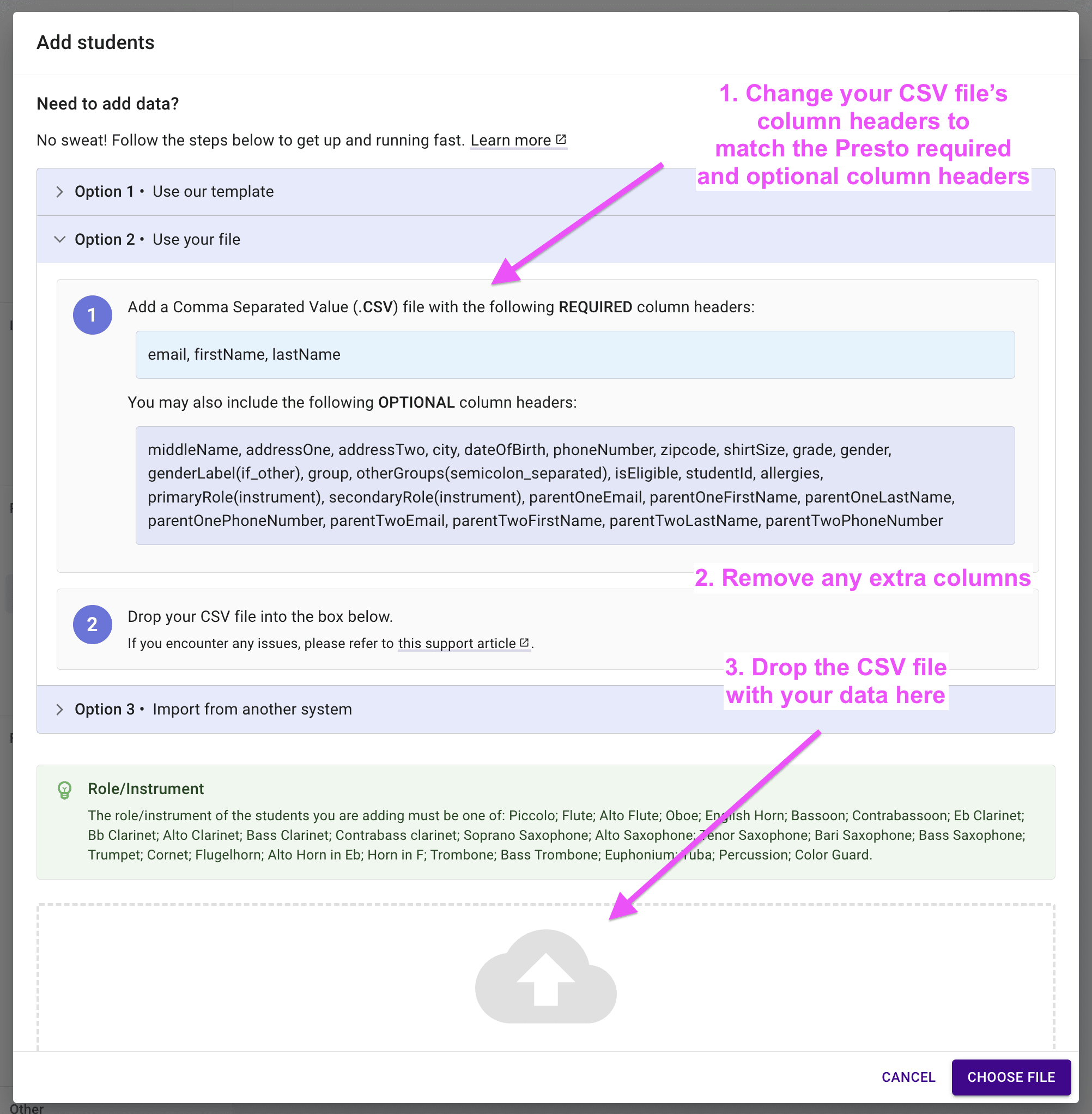 Students import dialog highlighting the required headers and the cloud icon.