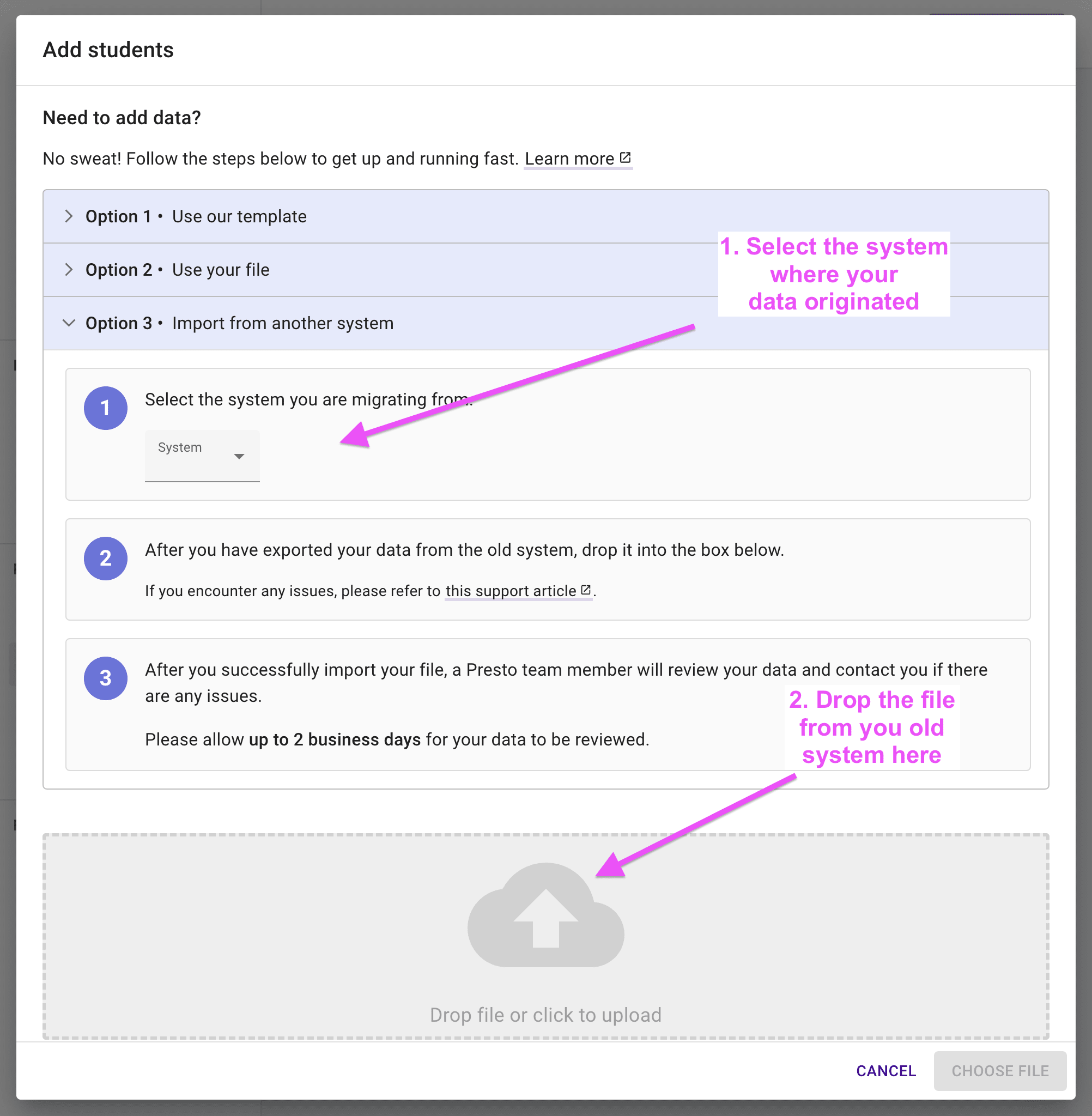 Students import dialog highlighting the old system select and the cloud icon.