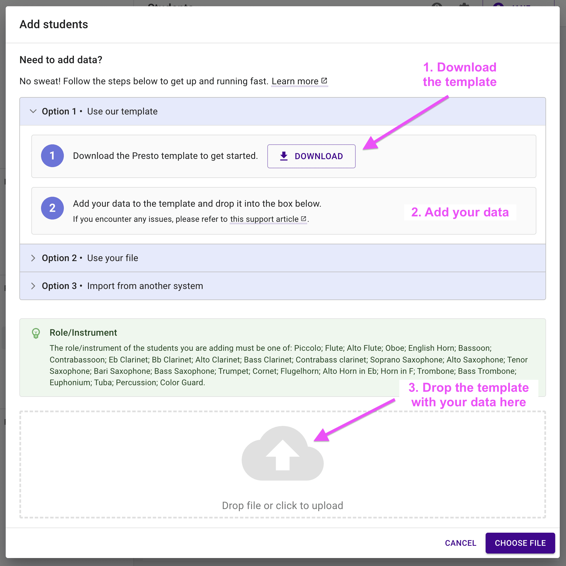 Students import dialog highlighting the download template button and the cloud icon.