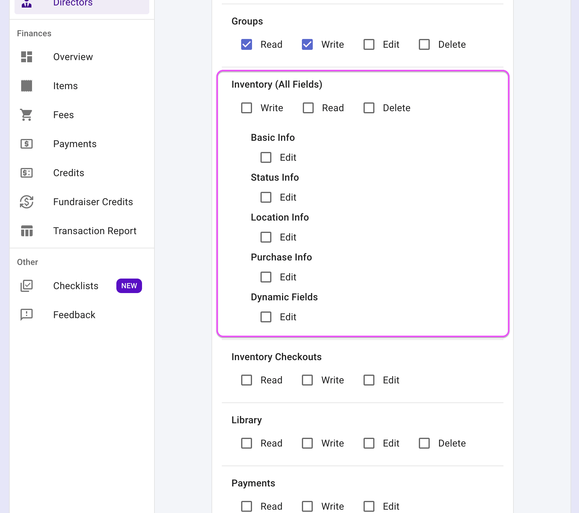 Inventory micro-permissions highlighted on the edit permissions page.