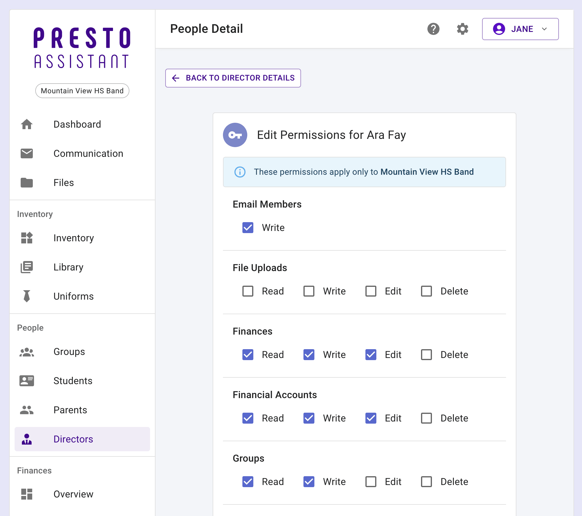 Director Permissions page highlighting the Edit button and a checkbox in a table cell.