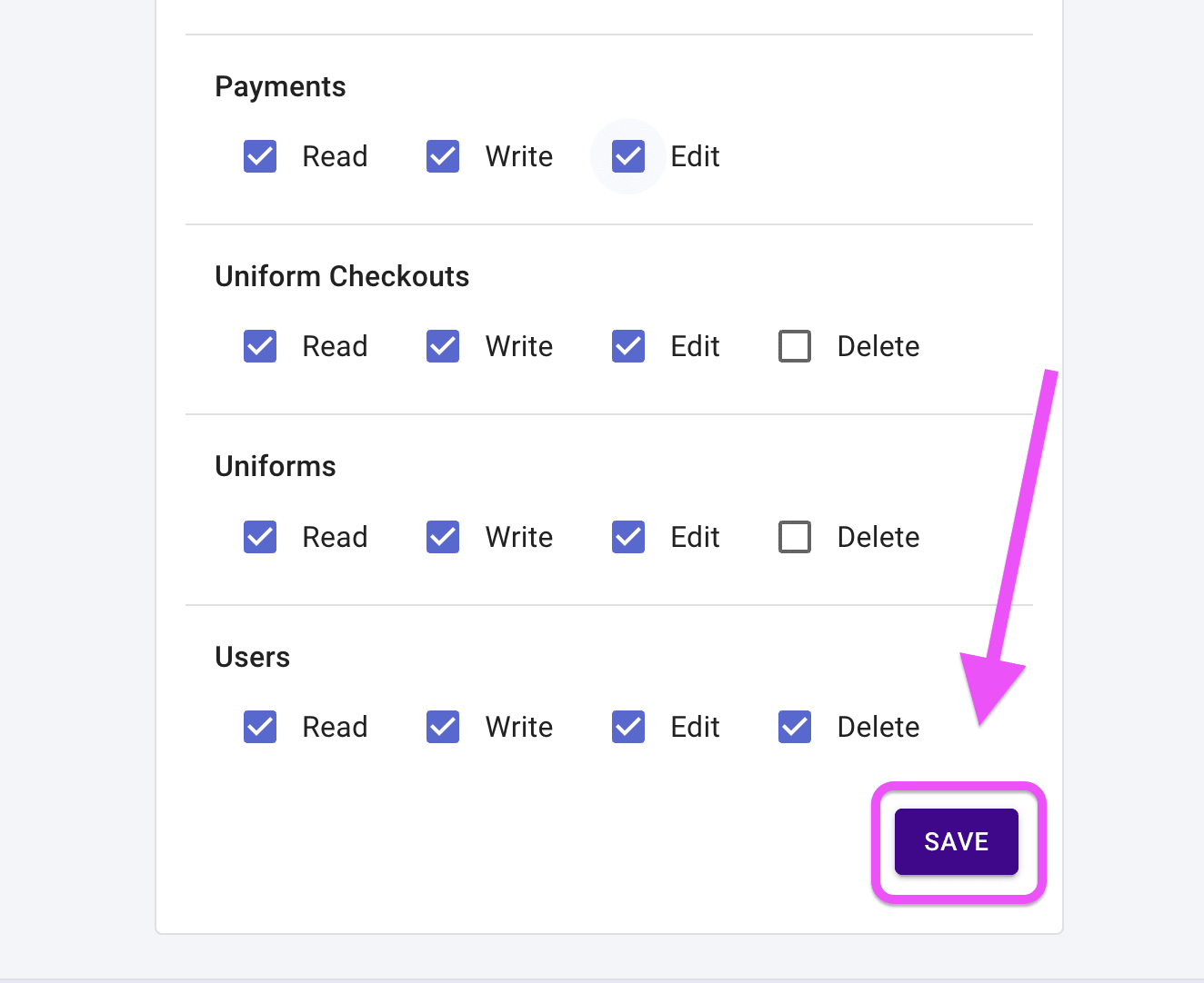 Director Permissions page highlighting the Save button.