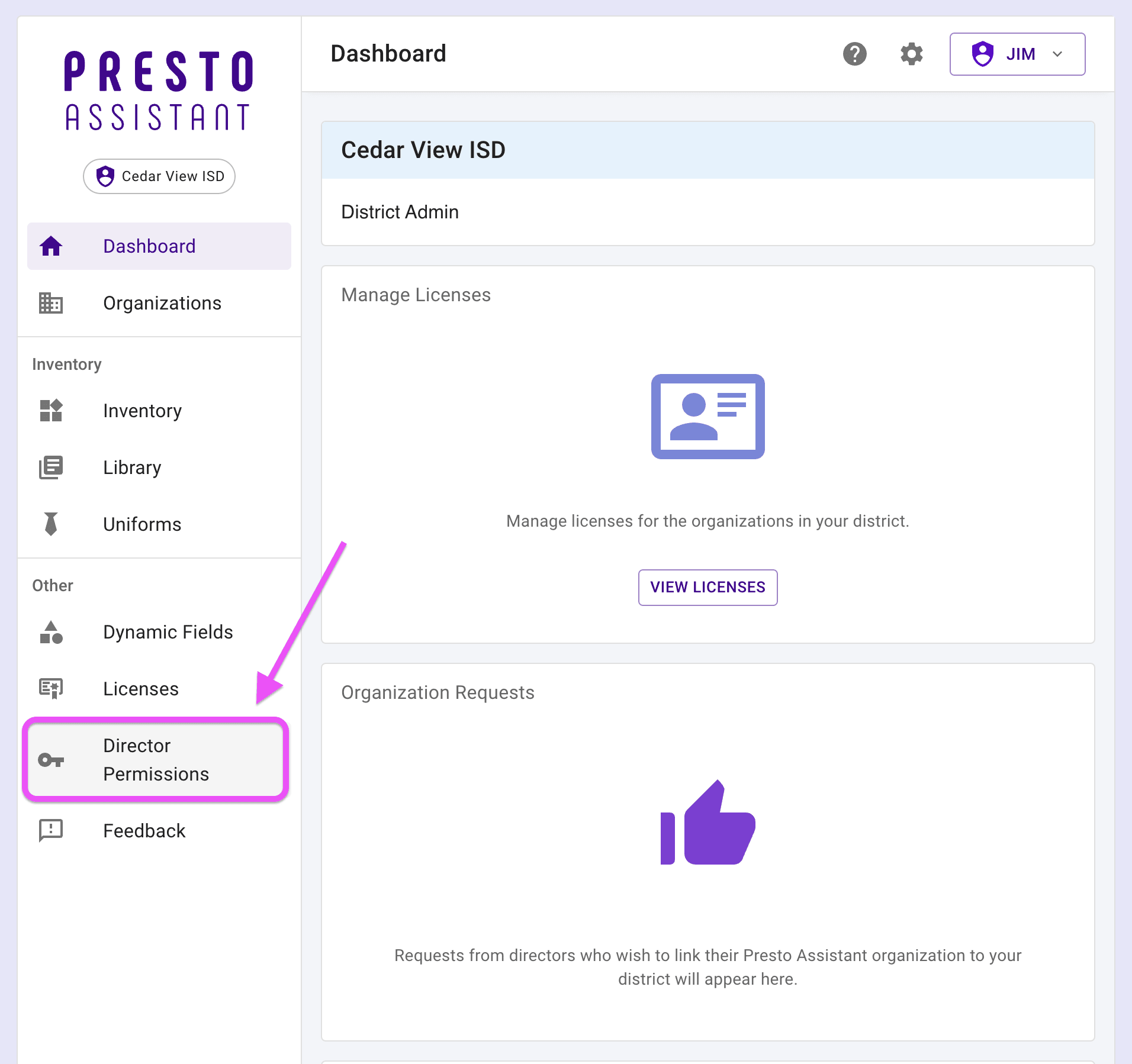 Dashboard page highlighting the Director Permissions option.