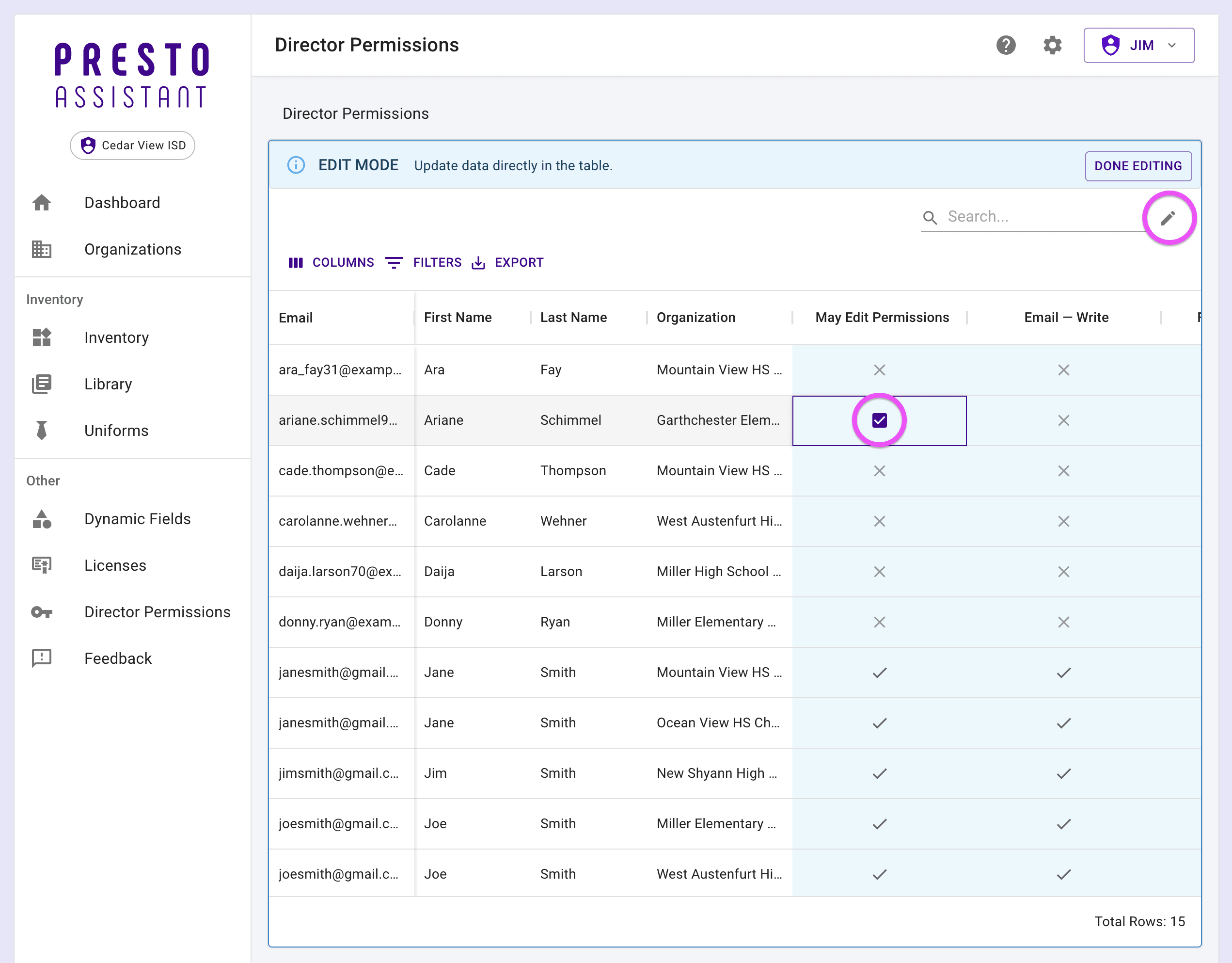 Director Permissions page highlighting the Edit button and a checkbox in a table cell.