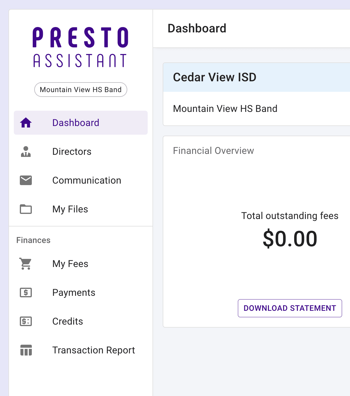 Parent view showing the navigation sidebar including the payments item.