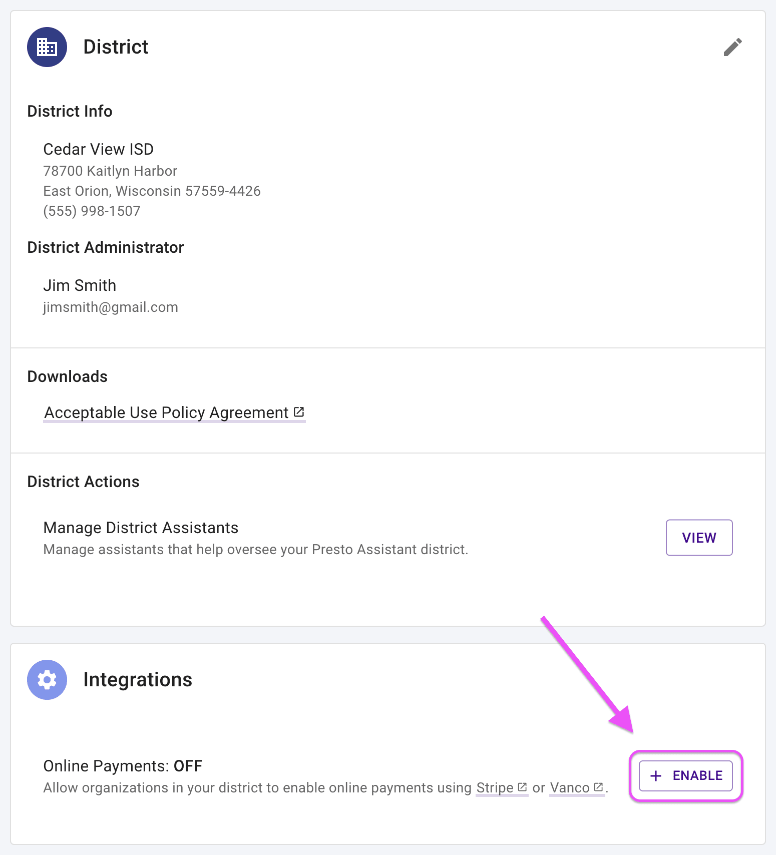 District settings page highlighting the Enable button for the Vanco integration.