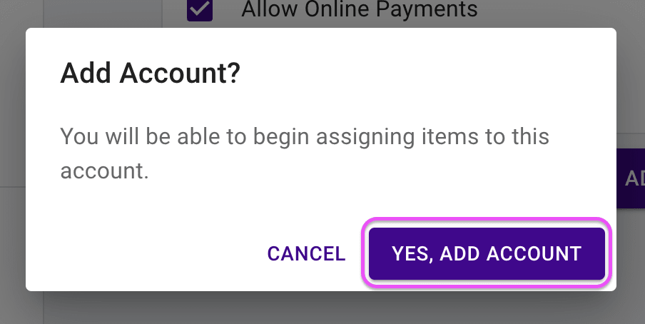 Financial Account form highlighting submit button in confirmation dialog.