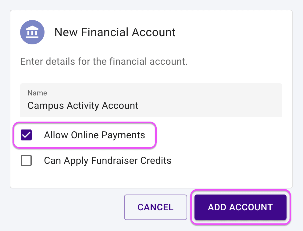 Financial Account form highlighting where a director can indicate that it can receive online payments using Vanco.