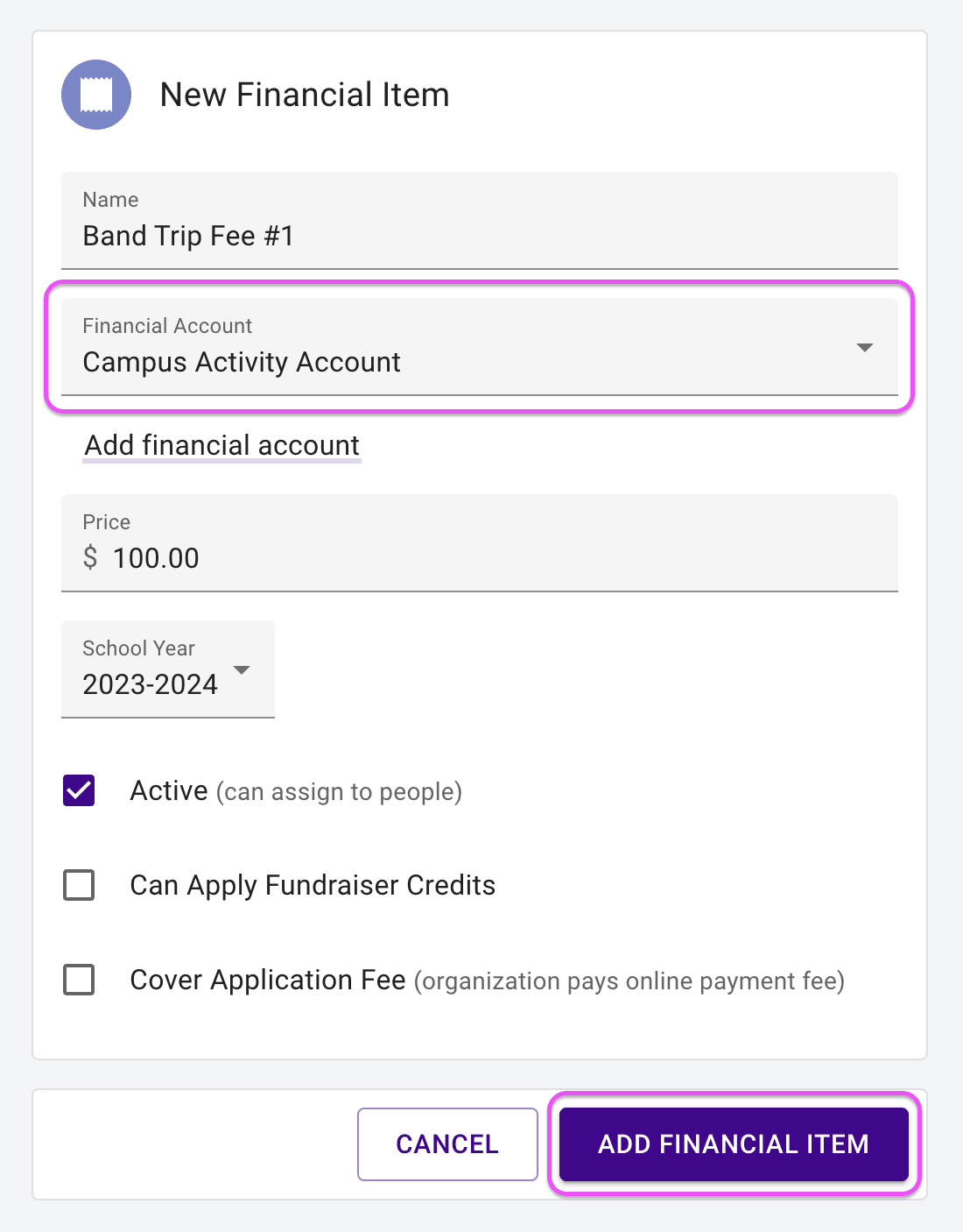 Financial Item form highlighting financial account and submit button.