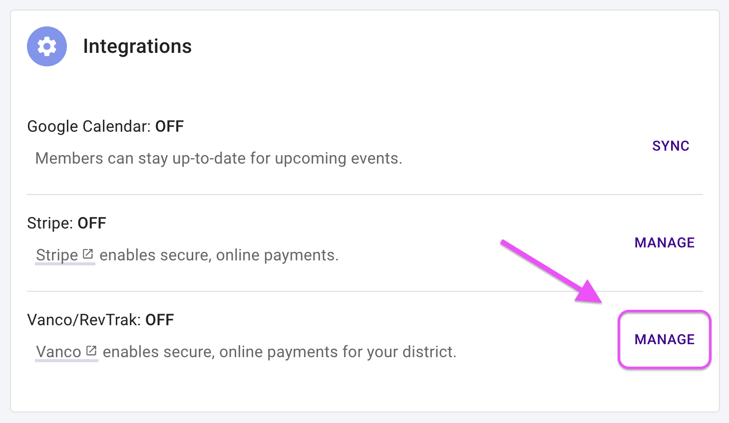 Organization settings page highlighting the Manage button for the Vanco integration.