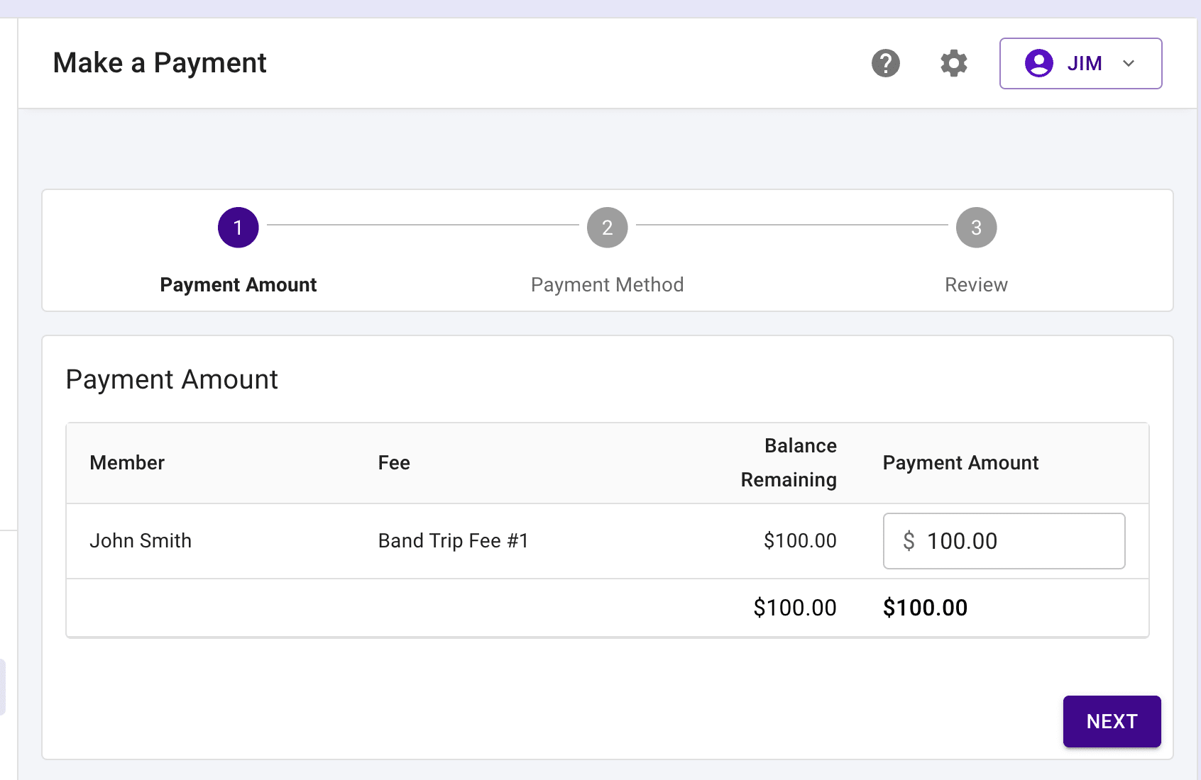 Parent view of the Payment Amount step of making an online Vanco RevTrak payment.