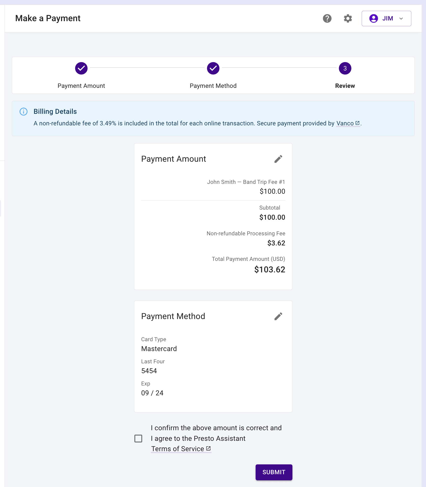 Parent view of the Review step of making an online Vanco RevTrak payment.