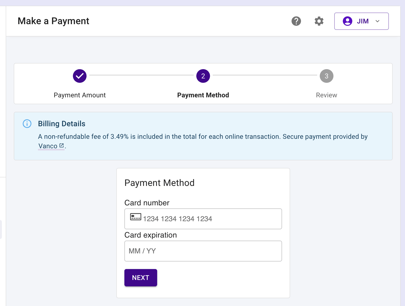 Parent view of the Payment Method step of making an online Vanco RevTrak payment.