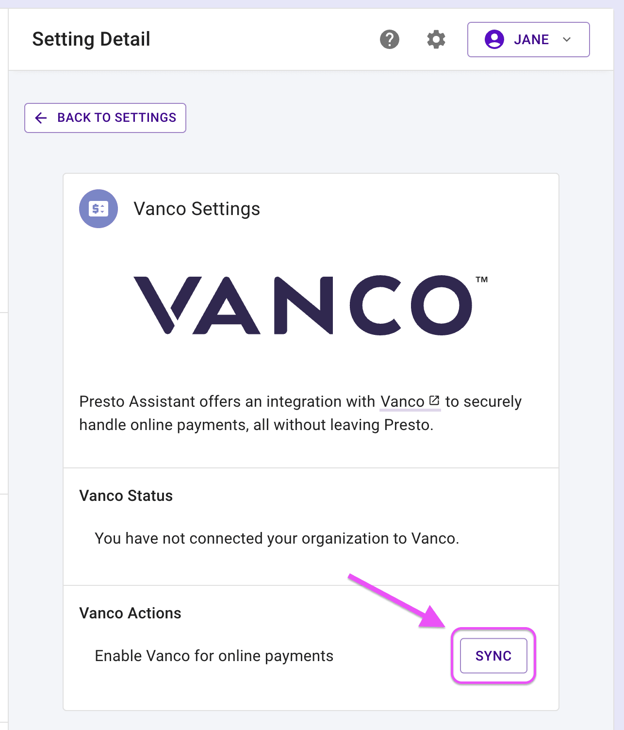 Vanco Settings page highlighting the Sync button.