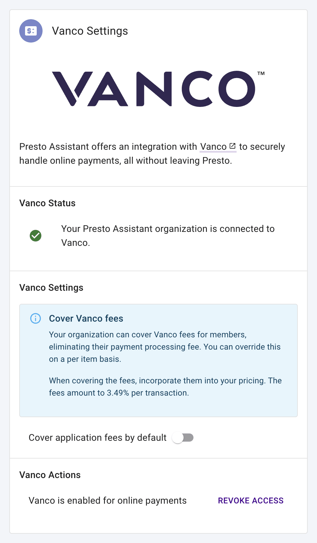 Vanco Settings page showing a successfully synced Vanco account.