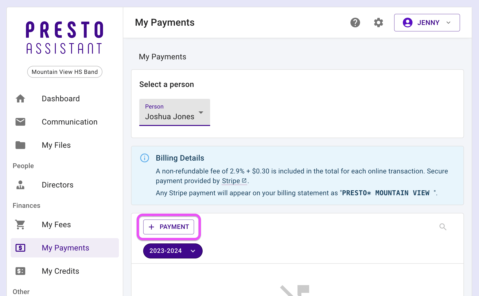 Parent view of the Payment Amount step of making an online Stripe payment.