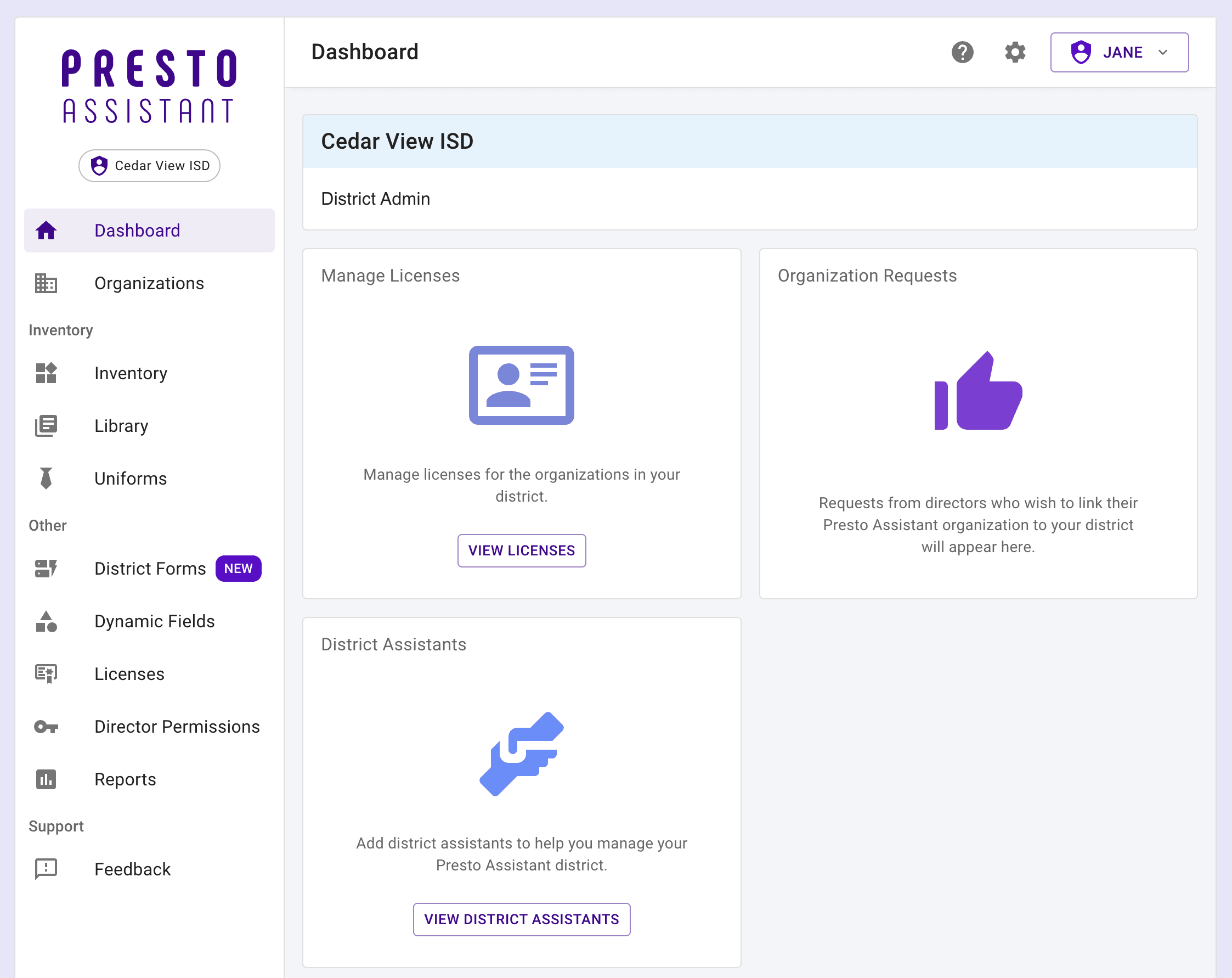 District Admin view of the Presto Assistant dashboard.