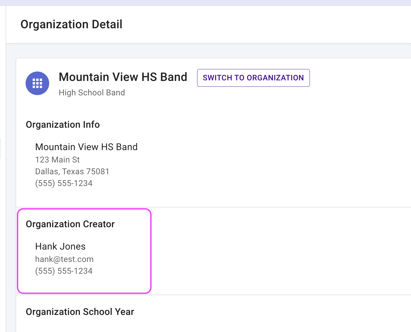 Organization details page highlighting the new director's information.