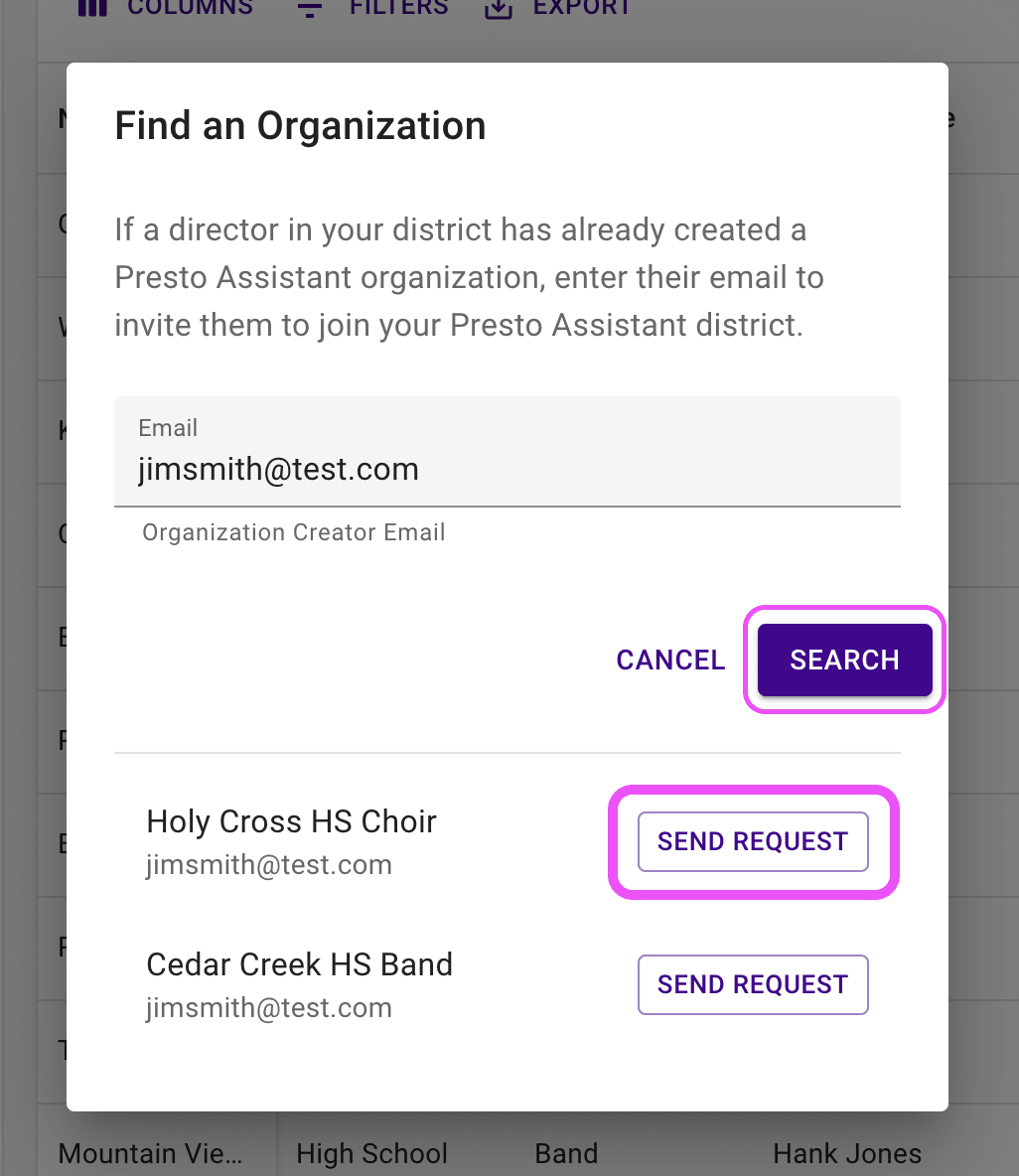 Organizations table highlighting the Add Organization menu.