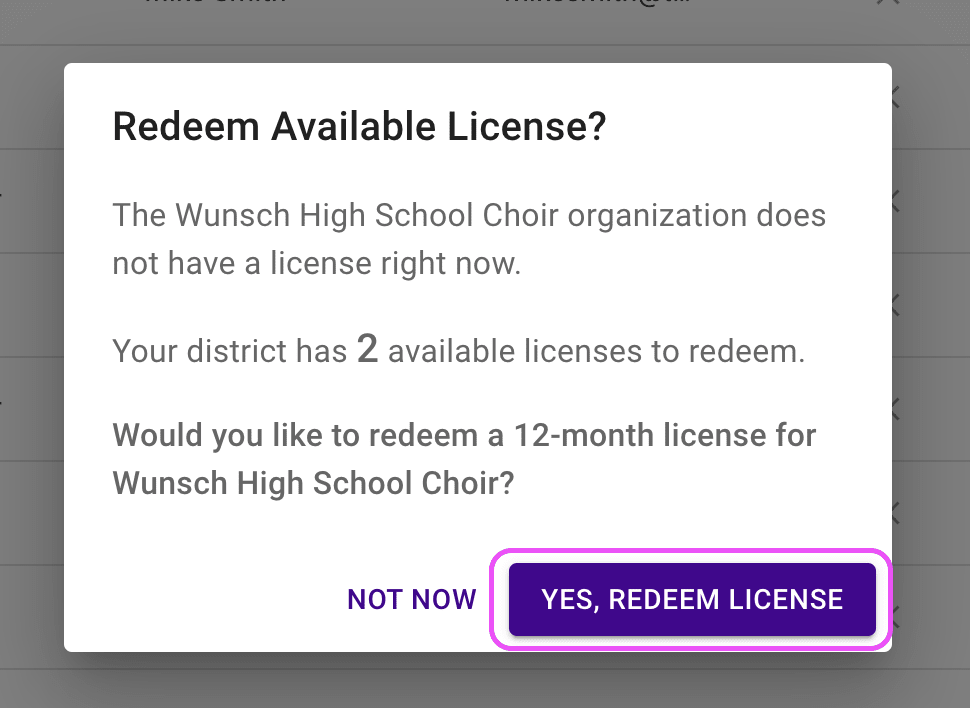 Confirmation dialog highlighting the Yes, Redeem License button.