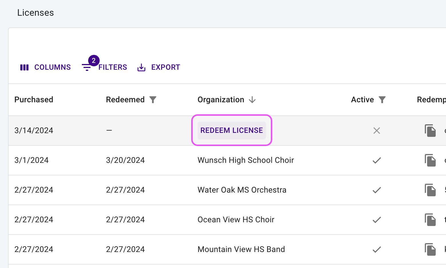 Licenses table highlighting a Redeem button in the Organization column.