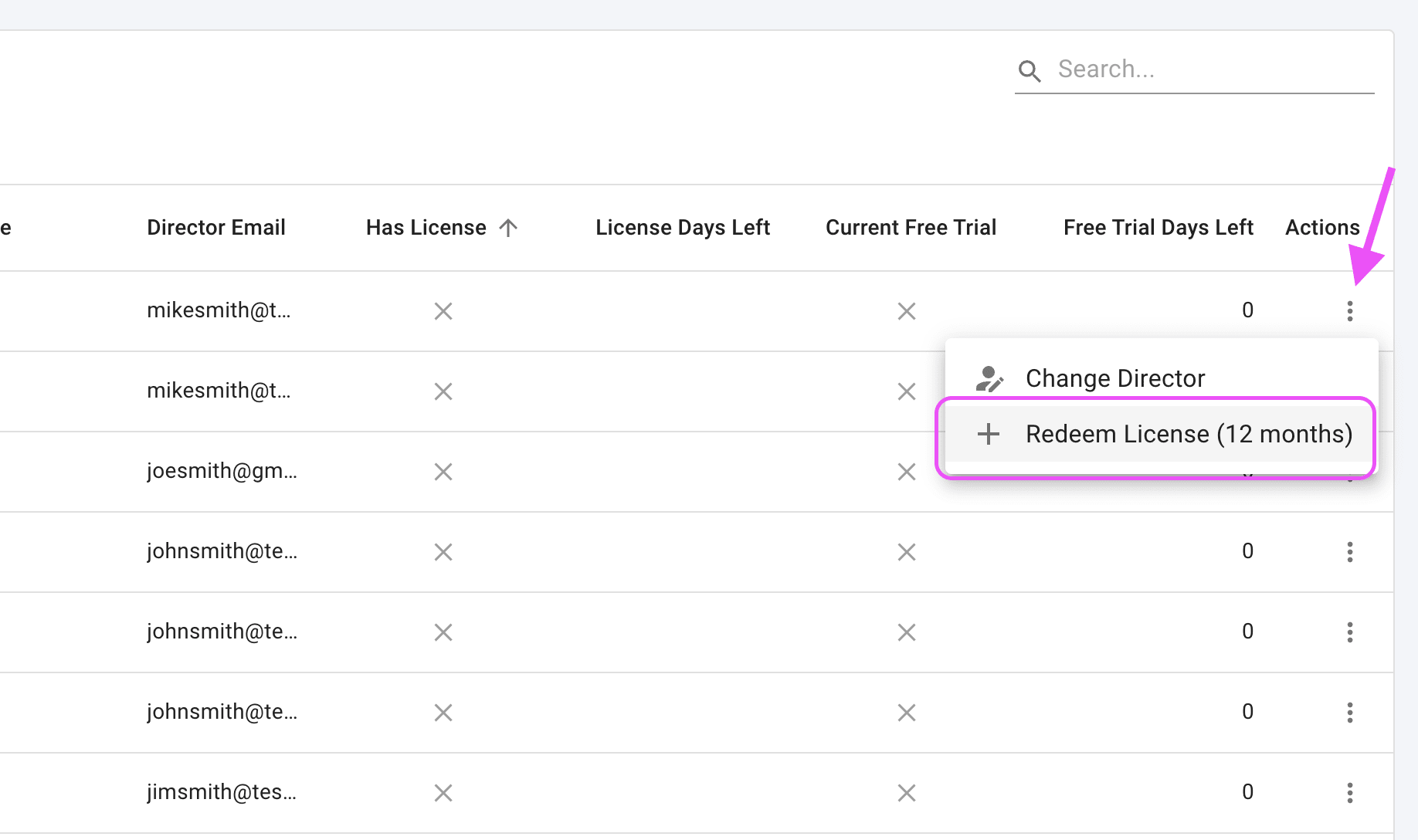 Organizations table row highlighting Actions menu Redeem License option.