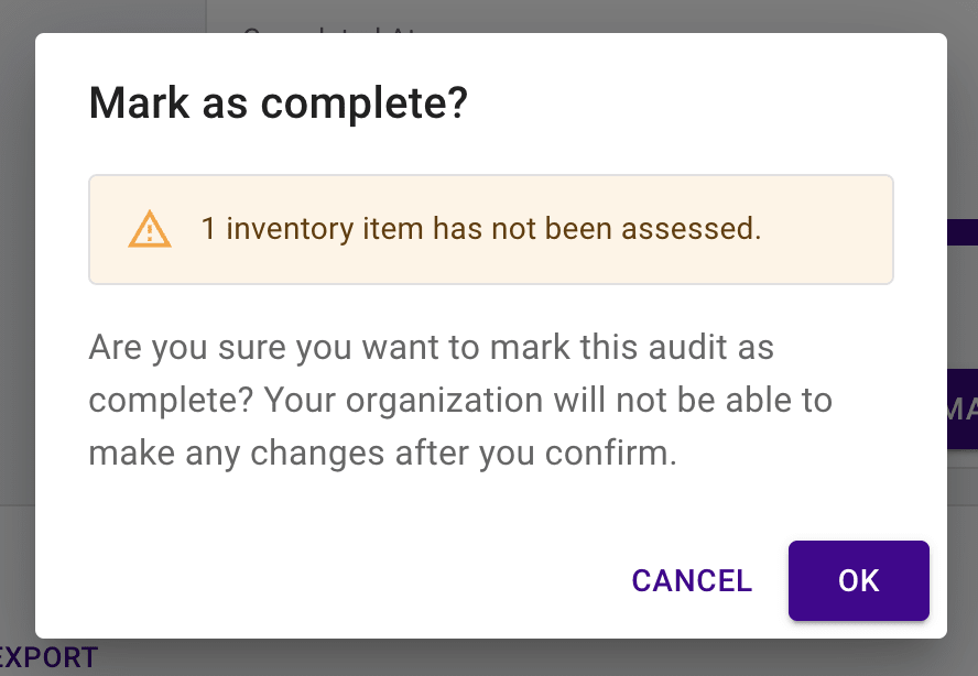 Inventory audit complete confirmation dialog showing an alert.